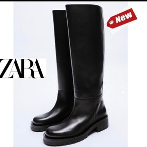 Zara black flat leather knee high boots Sz 5 NWT